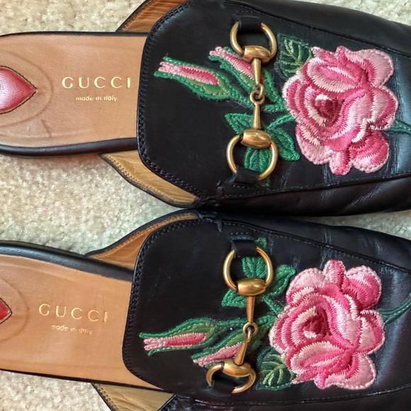 Gucci Leather Floral Black Loafer Flats - Picture 1 of 9